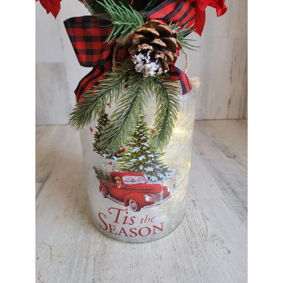 Faux flowers red white 'tis the season glass vase light up Xmas tabletop decor - Picture 4 of 13